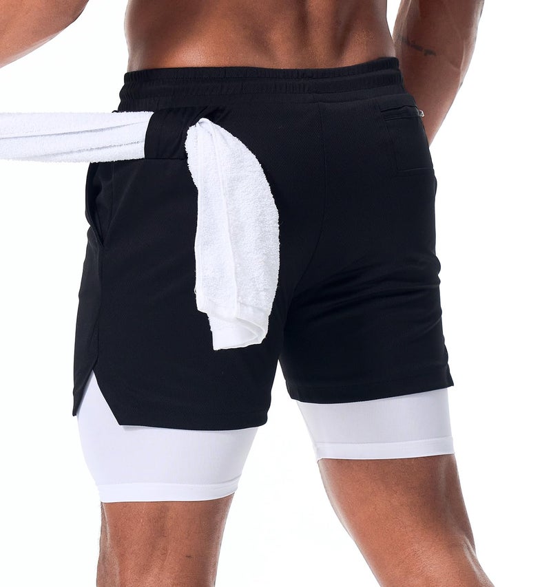 Surenow Men's Athletic Running Shorts Quick Dry Workout Shorts 2 in 1 Shorts 5" Gym Running Shorts for Men with Phone Pocket Black - Image 2